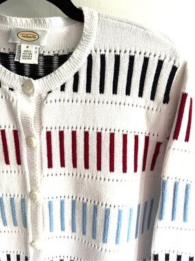 Talbots White Knit Cardigan Sweater with Red,  Blsck and Light Blue Stripes